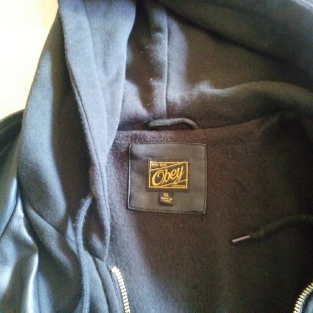 Obey mens blk Leather Jacket w hoodie lining!